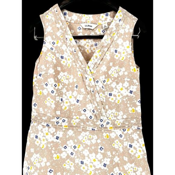 LL BEAN Women's Sleeveless V Neck Dress Linen Beige Floral Sz 6 Casual Beach - Picture 2 of 15